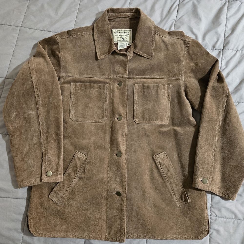Women's Leather Suede Jacket Small Petite Brown Button Coat Eddie Bauer